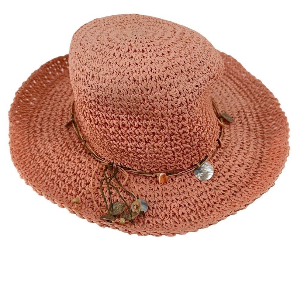 Hat Stuff Pink Woven Floppy Wide Brim Hat Shell Beaded Band Womens OS Bohemian